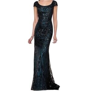 NWT Montage by Mon‎ Cheri Teal Black Sequin Sheath Gown Style 216972 Size 4